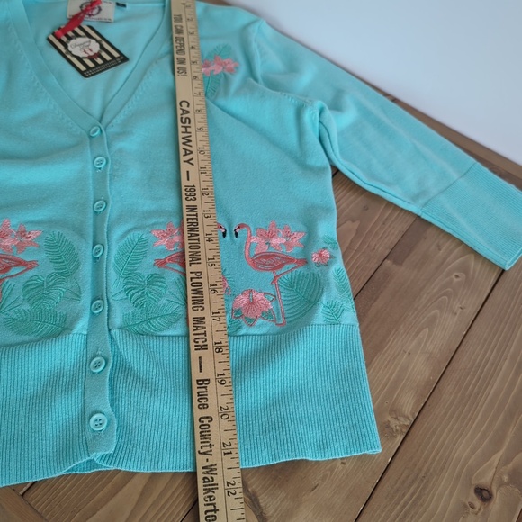 Banned Apparel Retro Rockabilly Teal Cardigan Sweater with Pink Flamingos - Picture 8 of 12
